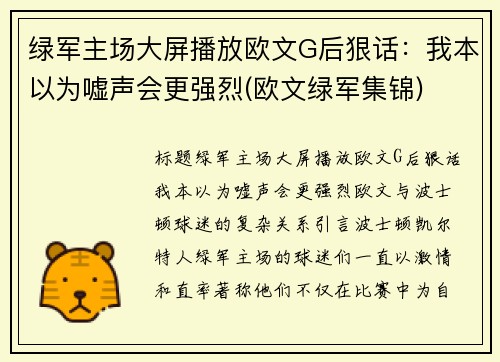 绿军主场大屏播放欧文G后狠话：我本以为嘘声会更强烈(欧文绿军集锦)