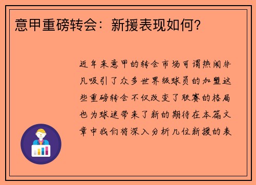 意甲重磅转会：新援表现如何？