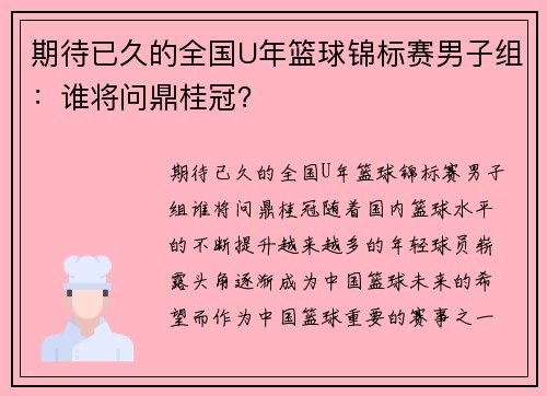期待已久的全国U年篮球锦标赛男子组：谁将问鼎桂冠？