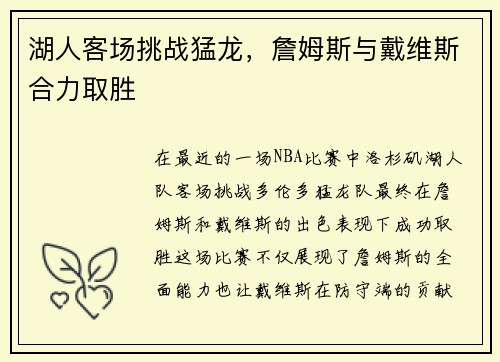 湖人客场挑战猛龙，詹姆斯与戴维斯合力取胜